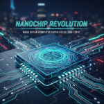 Ilustrasi nanochip futuristik di atas jari manusia dengan cahaya biru neon dan sirkuit mikroskopis.