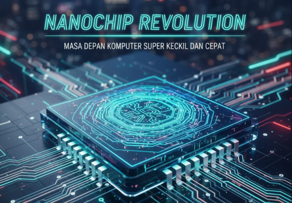 Ilustrasi nanochip futuristik di atas jari manusia dengan cahaya biru neon dan sirkuit mikroskopis.
