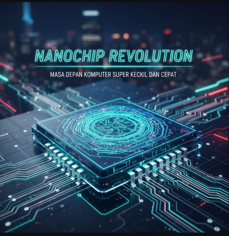 Ilustrasi nanochip futuristik di atas jari manusia dengan cahaya biru neon dan sirkuit mikroskopis.