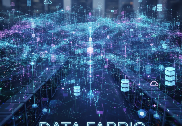 Visual of a cloud-connected data network with AI elements depicting a modern Data Fabric architecture.