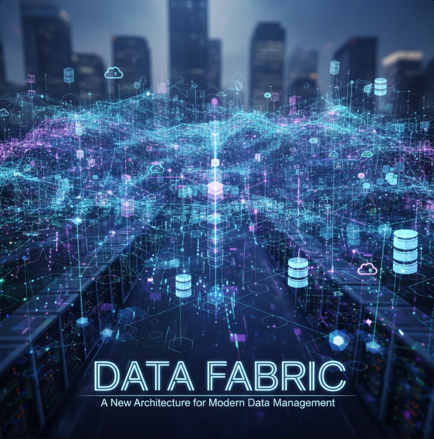 Visual of a cloud-connected data network with AI elements depicting a modern Data Fabric architecture.