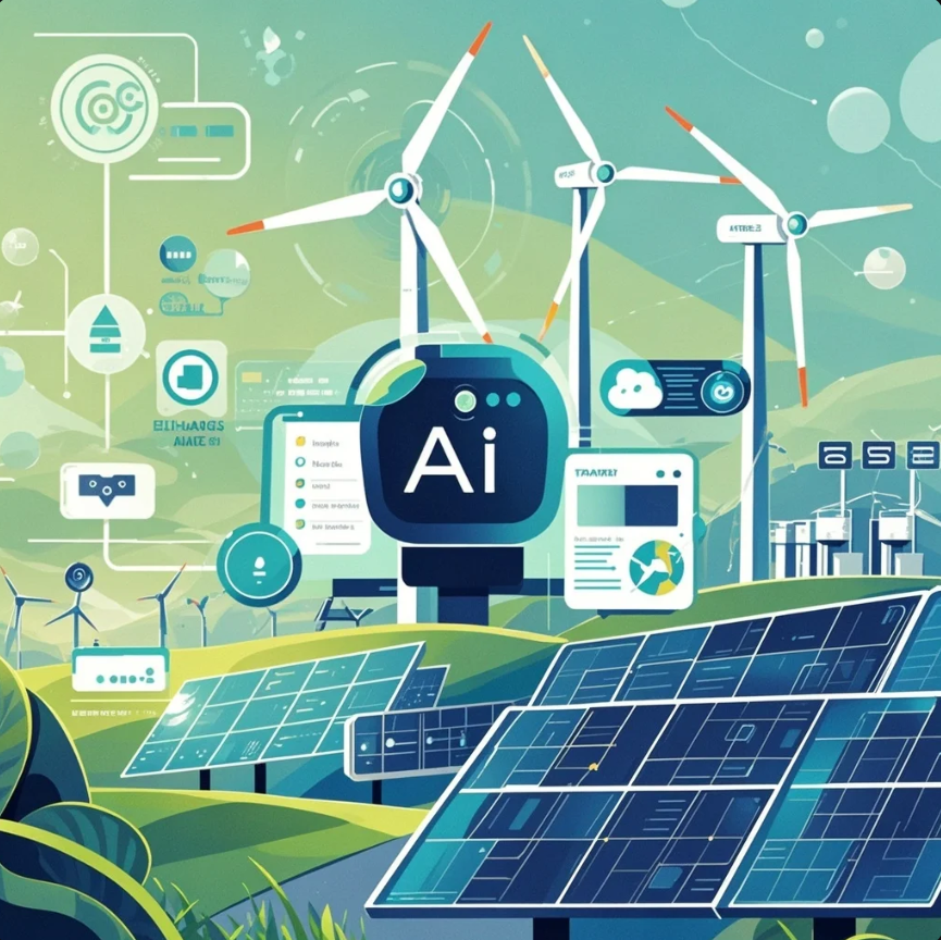 Ilustrasi panel surya dan turbin angin terhubung ke dashboard AI yang memprediksi produksi listrik dan mengoptimalkan jaringan
