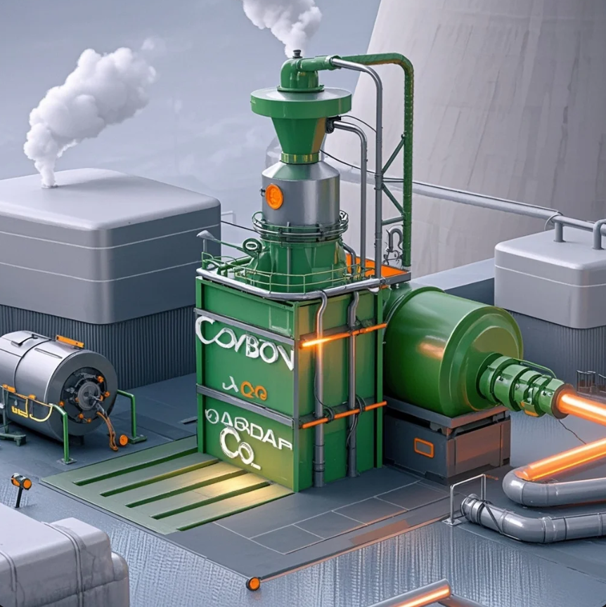 Ilustrasi fasilitas carbon capture dengan pipa CO₂ terhubung ke dashboard digital yang menampilkan monitoring emisi dan penyimpanan
