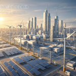 Pabrik modern dengan robot lengan bekerja, teknisi memakai kacamata AR, dan dashboard IoT menampilkan data mesin real-time