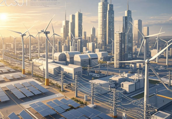 Pabrik modern dengan robot lengan bekerja, teknisi memakai kacamata AR, dan dashboard IoT menampilkan data mesin real-time