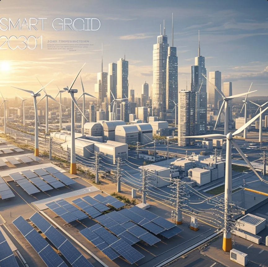 Pabrik modern dengan robot lengan bekerja, teknisi memakai kacamata AR, dan dashboard IoT menampilkan data mesin real-time