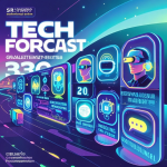 Ilustrasi kota futuristik dengan jaringan digital, hologram, robot, dan elemen teknologi canggih