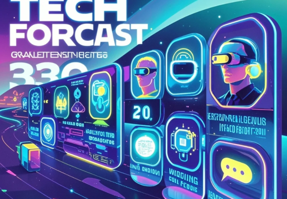 Ilustrasi kota futuristik dengan jaringan digital, hologram, robot, dan elemen teknologi canggih