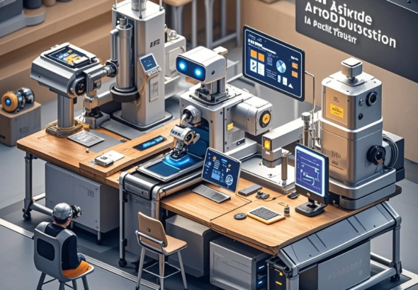 Ilustrasi laptop dengan tampilan prompt AI, elemen desain (ikon, warna, tipografi), dan mesin produksi konten otomatis di sekelilingnya