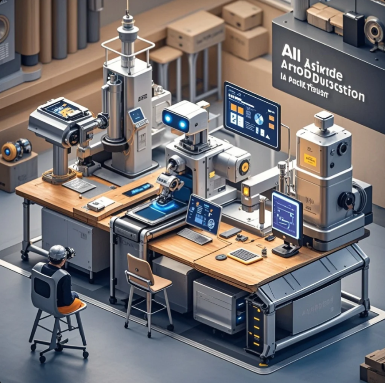 Ilustrasi laptop dengan tampilan prompt AI, elemen desain (ikon, warna, tipografi), dan mesin produksi konten otomatis di sekelilingnya