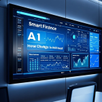 Ilustrasi AI menganalisis data finansial dan grafik pasar investasi dengan laptop dan hologram