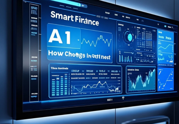Ilustrasi AI menganalisis data finansial dan grafik pasar investasi dengan laptop dan hologram