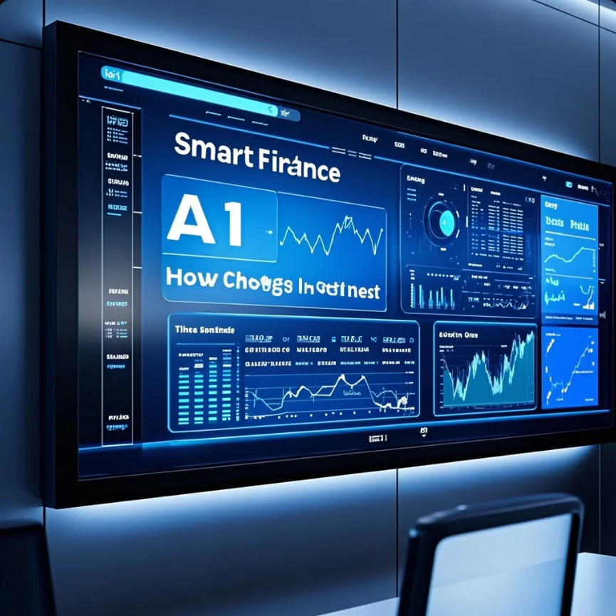 Ilustrasi AI menganalisis data finansial dan grafik pasar investasi dengan laptop dan hologram