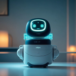 Ilustrasi AI companion berbentuk avatar ramah yang menemani seseorang di ruang pribadi