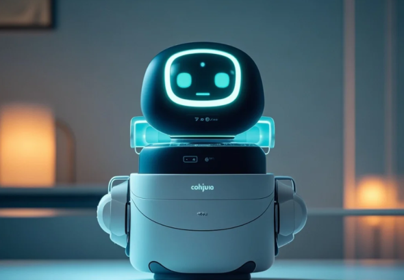 Ilustrasi AI companion berbentuk avatar ramah yang menemani seseorang di ruang pribadi