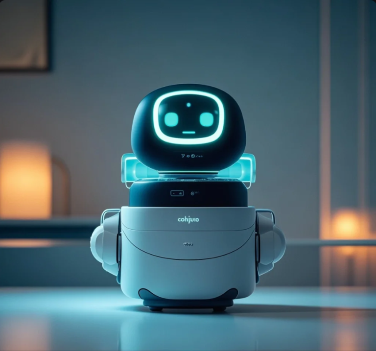 Ilustrasi AI companion berbentuk avatar ramah yang menemani seseorang di ruang pribadi