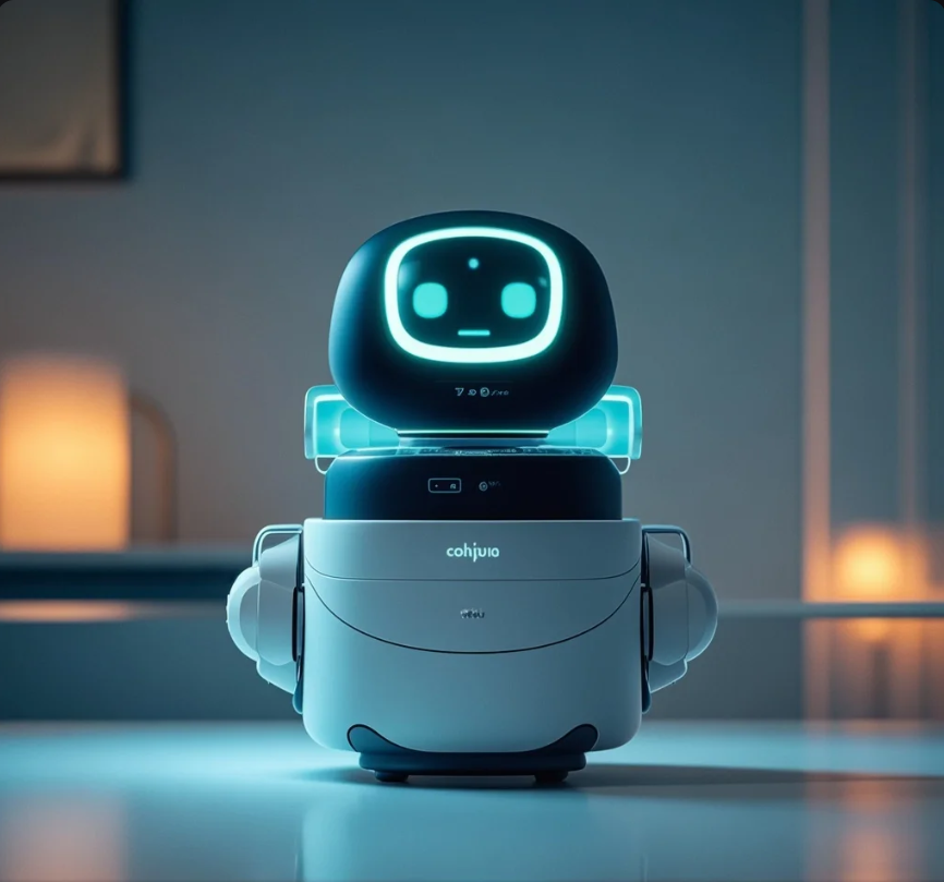 Ilustrasi AI companion berbentuk avatar ramah yang menemani seseorang di ruang pribadi