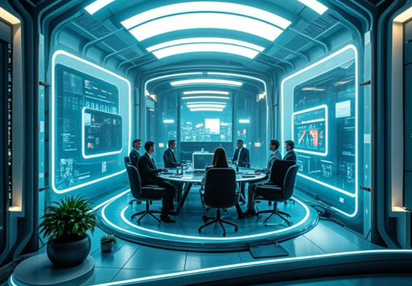 Tim profesional menggunakan headset VR dalam ruang rapat virtual dengan avatar, layar presentasi, dan suasana futuristik