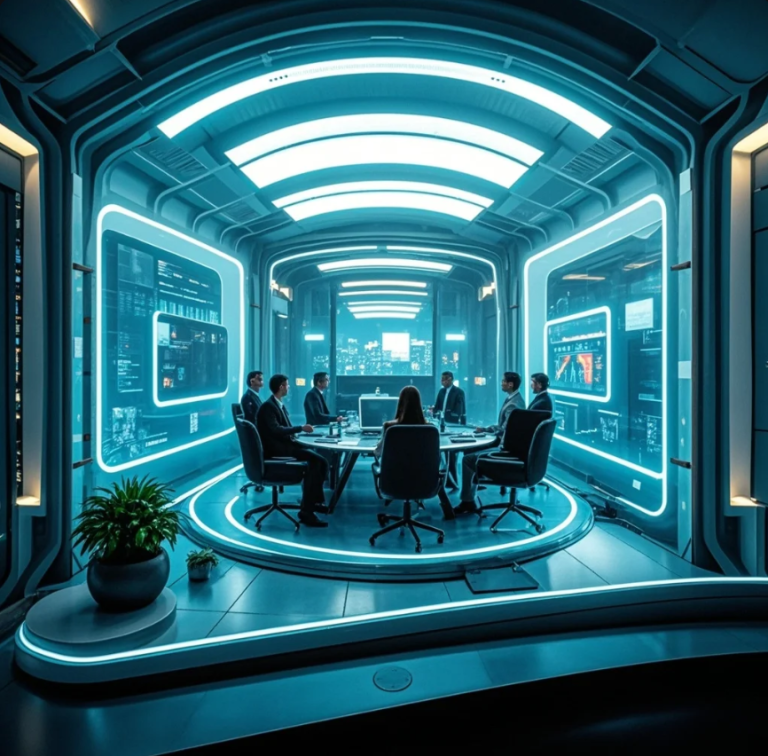 Tim profesional menggunakan headset VR dalam ruang rapat virtual dengan avatar, layar presentasi, dan suasana futuristik