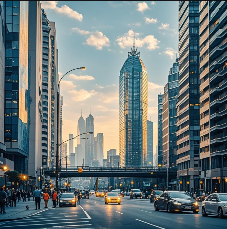 Ilustrasi masyarakat modern terhubung oleh jaringan digital, notifikasi, dan perangkat pintar