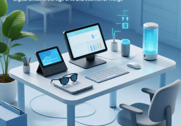 Ilustrasi kantor digital modern dengan integrasi AI dan IoT