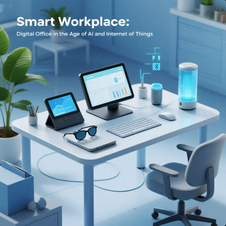 Ilustrasi kantor digital modern dengan integrasi AI dan IoT