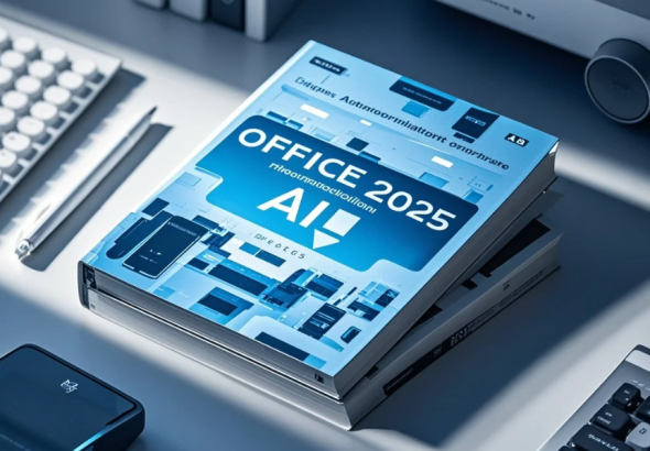 Karyawan di kantor bekerja dengan layar berisi dashboard AI, checklist tugas otomatis, dan ikon kolaborasi manusia-AI