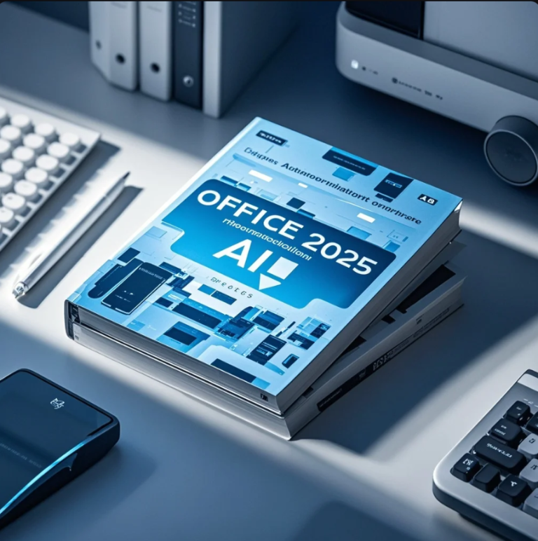 Karyawan di kantor bekerja dengan layar berisi dashboard AI, checklist tugas otomatis, dan ikon kolaborasi manusia-AI