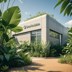 Ilustrasi pusat data dengan panel surya dan ikon daun, menggambarkan AI yang lebih ramah lingkungan