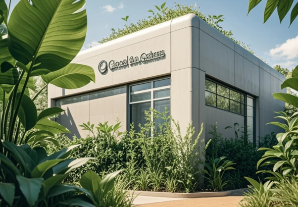 Ilustrasi pusat data dengan panel surya dan ikon daun, menggambarkan AI yang lebih ramah lingkungan