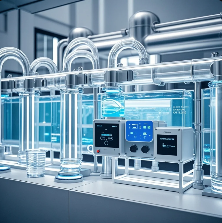 Ilustrasi pipa air dengan sensor digital dan dashboard monitoring, menggambarkan teknologi pintar untuk air bersih