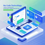 Ilustrasi tim non-IT membuat aplikasi internal di laptop dengan bantuan AI dan drag-and-drop no-code