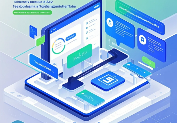 Ilustrasi tim non-IT membuat aplikasi internal di laptop dengan bantuan AI dan drag-and-drop no-code