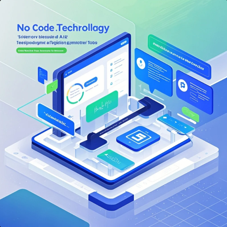 Ilustrasi tim non-IT membuat aplikasi internal di laptop dengan bantuan AI dan drag-and-drop no-code