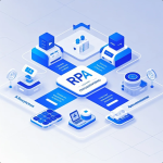 Ilustrasi robot software bekerja otomatis dengan workflow kompleks dan elemen AI di dashboard bisnis