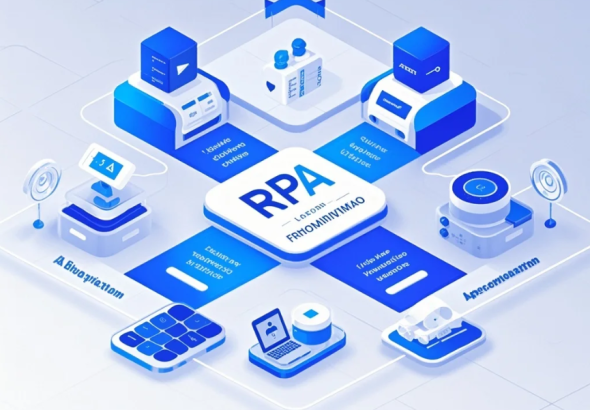 Ilustrasi robot software bekerja otomatis dengan workflow kompleks dan elemen AI di dashboard bisnis